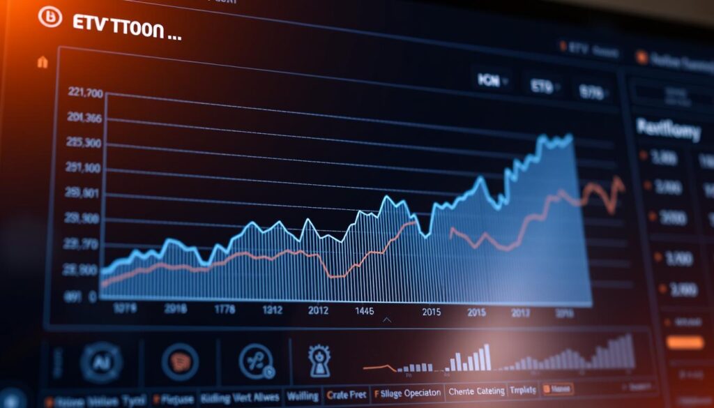 A detailed line chart depicting the trend analysis of crypto ETF inflows over time, showcased against a backdrop of a sleek, minimalist financial dashboard. The chart is rendered with crisp lines, data points, and a clean color palette of blues and grays, conveying a sense of professionalism and data-driven insights. The dashboard features subtle grid lines and icons representing key financial metrics, subtly framing the central chart. Warm, directional lighting casts a soft glow, creating depth and emphasizing the data visualization. The overall mood is one of analytical rigor, market intelligence, and informed decision-making.