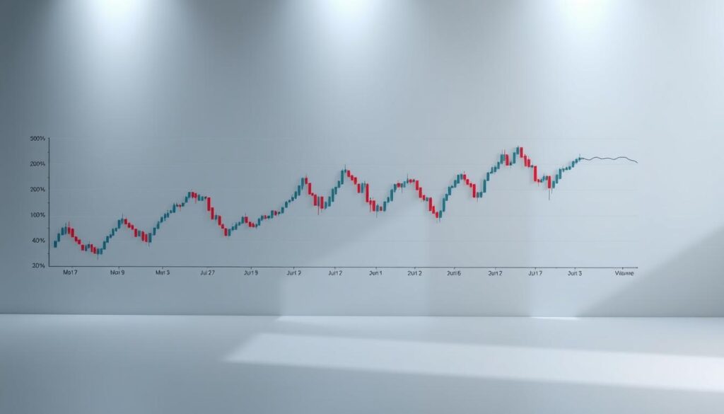 A detailed line chart depicting the weekly trading patterns of Bitcoin, with candlestick formations and volume indicators. The chart is rendered against a sleek, minimalist background, with a soft gradient providing depth and dimension. Subtle grid lines and axis labels enhance the technical nature of the visualization, while a muted color palette of blues and grays conveys a sense of stability and professionalism. The chart is presented from a slightly elevated perspective, creating a sense of authority and expertise. Ambient lighting casts gentle shadows, adding depth and dimensionality to the overall composition.