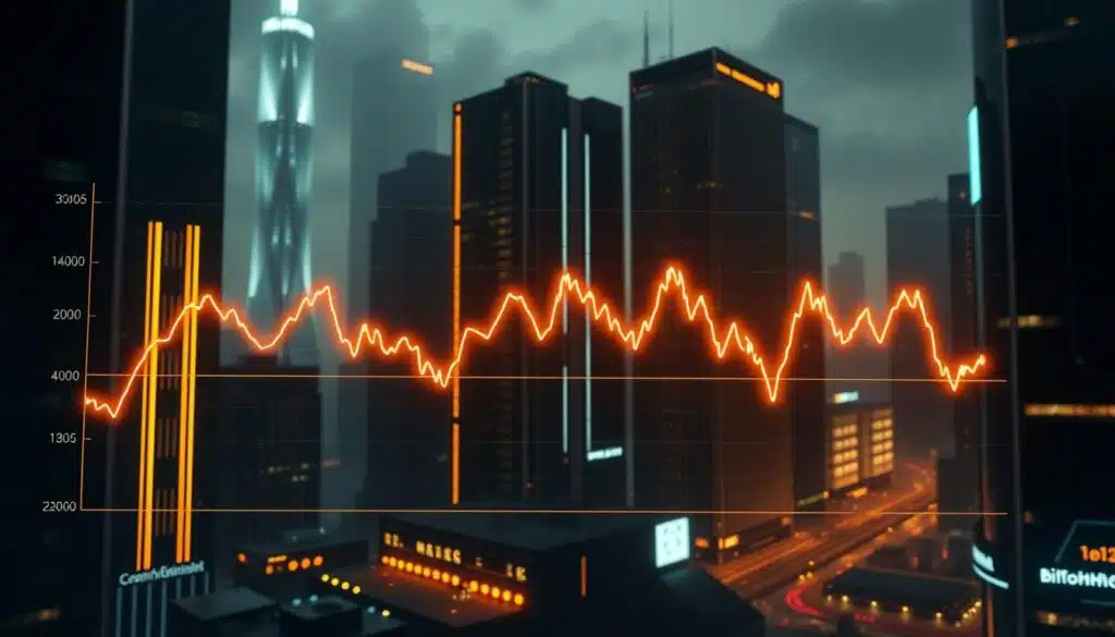 A detailed line graph depicting the volatility of Bitcoin's price over time, rendered with a sleek, modern aesthetic. The graph is presented against a backdrop of a dark, moody cityscape, with futuristic skyscrapers and glowing neon lights. The chart itself is highlighted with a warm, vibrant color palette, drawing the viewer's attention to the dynamic fluctuations in the cryptocurrency's value. The overall composition conveys a sense of technological advancement and financial uncertainty, capturing the essence of the "halving event impact on crypto prices" concept.