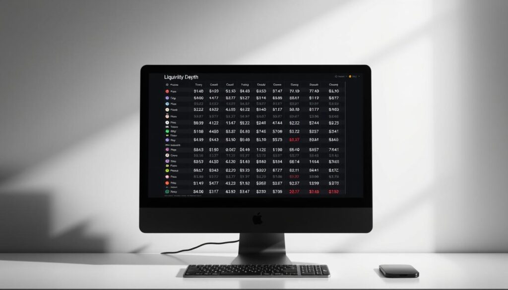 A detailed liquidity market depth chart displayed on a sleek, modern desktop setup. The chart features a grid of buy and sell orders, with volumes and prices clearly visible. The background is a minimalist, monochrome palette, allowing the data visualization to take center stage. Soft, directional lighting from the side casts subtle shadows, adding depth and dimension. The overall aesthetic is clean, professional, and focused on conveying the essential information needed to analyze market liquidity and volatility.