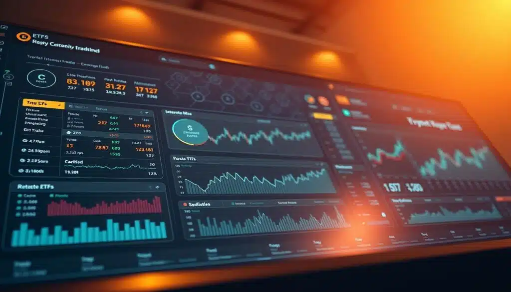 A detailed overview of cryptocurrency exchange-traded funds (crypto ETFs) displayed on a sleek digital dashboard. In the foreground, a series of interactive data visualizations showcase key metrics and performance indicators for various crypto ETFs. The middle ground features a clean, minimalist interface with menus and navigation controls. In the background, a subtle array of blockchain-inspired patterns and geometric shapes create a sense of technological sophistication. Warm lighting from above casts a soft glow, while the camera angle provides a dynamic, three-dimensional perspective. The overall mood conveys a sense of authority, professionalism, and deep insight into the world of crypto ETFs.