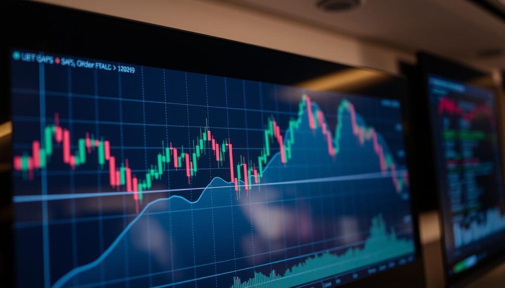 A detailed price chart with distinct price gaps and order flow markers, showcasing the dynamics of a crypto market. The chart is displayed on a high-resolution, glossy display, with a clean, minimalist interface. Subtle lighting from above casts a warm, professional glow, highlighting the key data points. The perspective is slightly elevated, providing an analytical view of the market's price action. The color palette is muted, with shades of blue, gray, and black, creating a sophisticated, data-driven atmosphere. The overall impression conveys a deep understanding of technical analysis and the ability to identify meaningful patterns in the market's fluctuations.