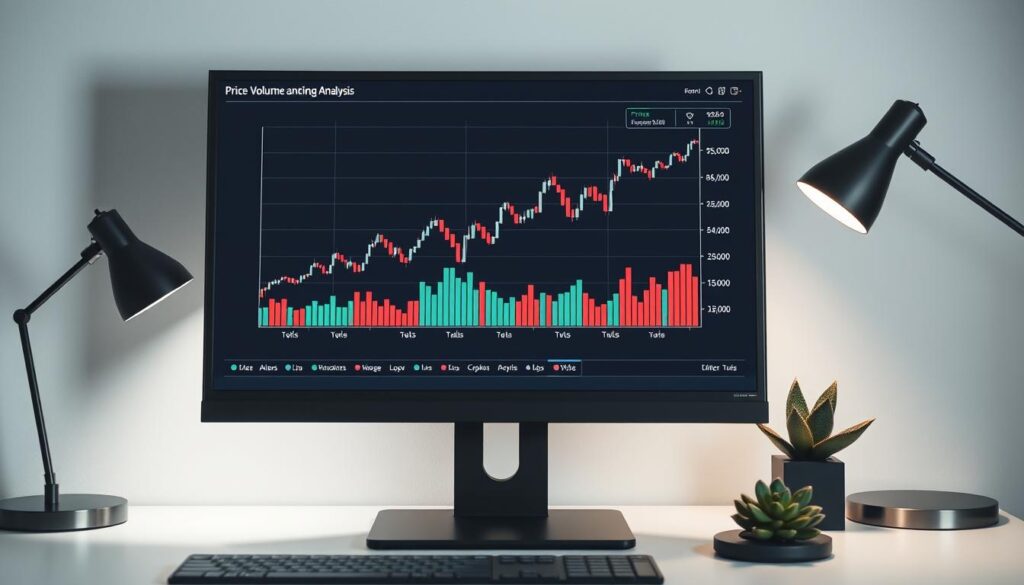 A detailed price volume relationship analysis chart displayed on a sleek black monitor. The chart features a line graph of price fluctuations overlaid with a bar graph of trading volume, showcasing their dynamic interplay. The screen is set against a minimalist workspace with a modern desk, a succulent plant, and a stylish desk lamp providing subtle ambient lighting. The composition emphasizes the analytical nature of the task, striking a balance between technology and natural elements. The overall mood is one of focused professionalism, guiding the viewer towards a deeper understanding of crypto trading volume. A detailed price volume relationship analysis chart displayed on a sleek black monitor. The chart features a line graph of price fluctuations overlaid with a bar graph of trading volume, showcasing their dynamic interplay. The screen is set against a minimalist workspace with a modern desk, a succulent plant, and a stylish desk lamp providing subtle ambient lighting. The composition emphasizes the analytical nature of the task, striking a balance between technology and natural elements. The overall mood is one of focused professionalism, guiding the viewer towards a deeper understanding of crypto trading volume.