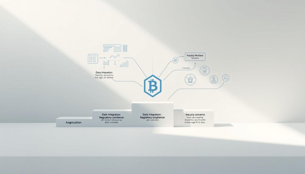 A detailed roadmap depicting the challenges of blockchain integration, rendered in a clean, minimalist style. The foreground showcases a series of steps leading to a central blockchain icon, each step labeled with common integration hurdles like data integration, regulatory compliance, and security concerns. The middle ground features abstract data visualizations and flow diagrams, hinting at the technical complexities involved. The background maintains a muted, neutral tone, allowing the roadmap to take center stage and convey a sense of structured, methodical progress. Soft, directional lighting casts subtle shadows, adding depth and emphasizing the roadmap's three-dimensional layout. The overall mood is one of thoughtful analysis and strategic planning, reflecting the careful approach required to overcome blockchain integration challenges.