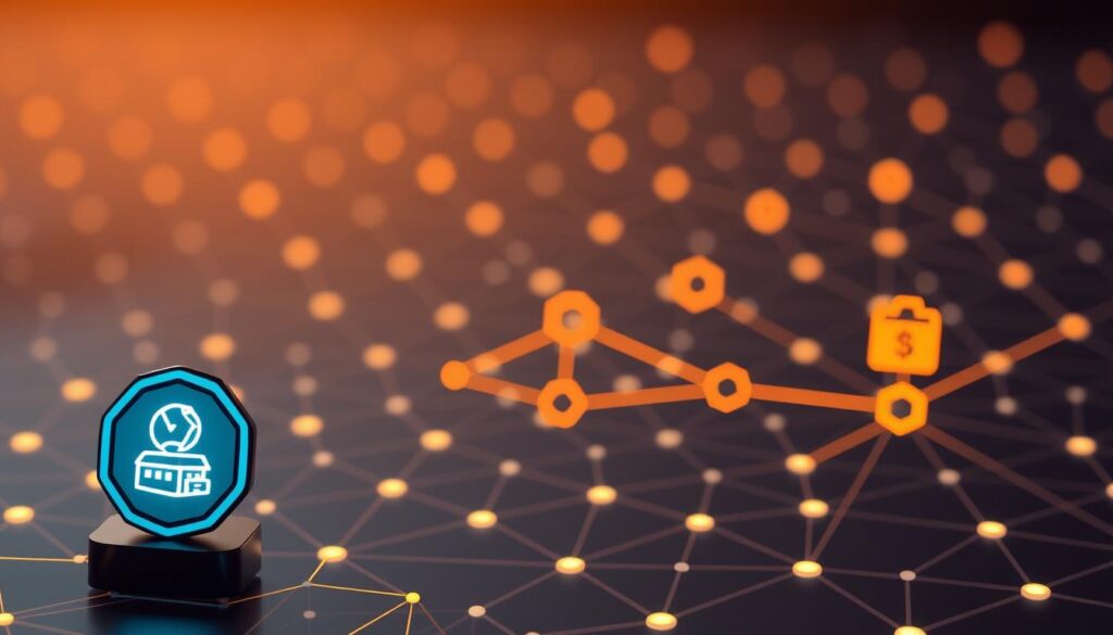 A detailed schematic diagram depicting the blockchain tokenization process. In the foreground, a stylized token icon representing a digital asset, with its unique identifier and metadata. In the middle ground, a series of interconnected blockchain nodes, each validating transactions and updating the distributed ledger. In the background, a geometric grid pattern symbolizing the secure, decentralized network. The scene is illuminated by a warm, diffused light, conveying a sense of transparency and technological sophistication. The overall composition suggests the seamless and secure transformation of physical assets into their digital counterparts through the power of blockchain technology.