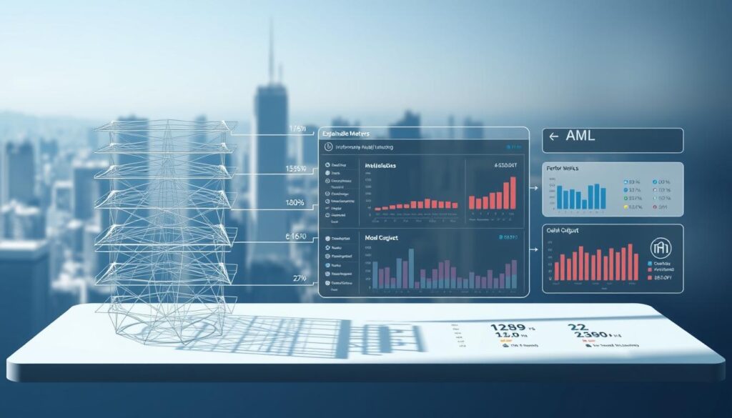 A detailed schematic diagram of an explainable AI system for anti-money laundering (AML) compliance, rendered in a clean, technical style. In the foreground, a series of neural network layers illustrate the model's internal decision-making process, with key features and parameters highlighted. In the middle ground, a data visualization dashboard displays performance metrics and interpretable model outputs. In the background, a cityscape backdrop suggests the real-world application of this system in the financial sector, with subtle nods to cryptocurrency and blockchain technology. The lighting is crisp and directional, casting shadows that emphasize the 3D structure. The overall tone is one of sophistication, transparency, and robust compliance. A detailed schematic diagram of an explainable AI system for anti-money laundering (AML) compliance, rendered in a clean, technical style. In the foreground, a series of neural network layers illustrate the model's internal decision-making process, with key features and parameters highlighted. In the middle ground, a data visualization dashboard displays performance metrics and interpretable model outputs. In the background, a cityscape backdrop suggests the real-world application of this system in the financial sector, with subtle nods to cryptocurrency and blockchain technology. The lighting is crisp and directional, casting shadows that emphasize the 3D structure. The overall tone is one of sophistication, transparency, and robust compliance.