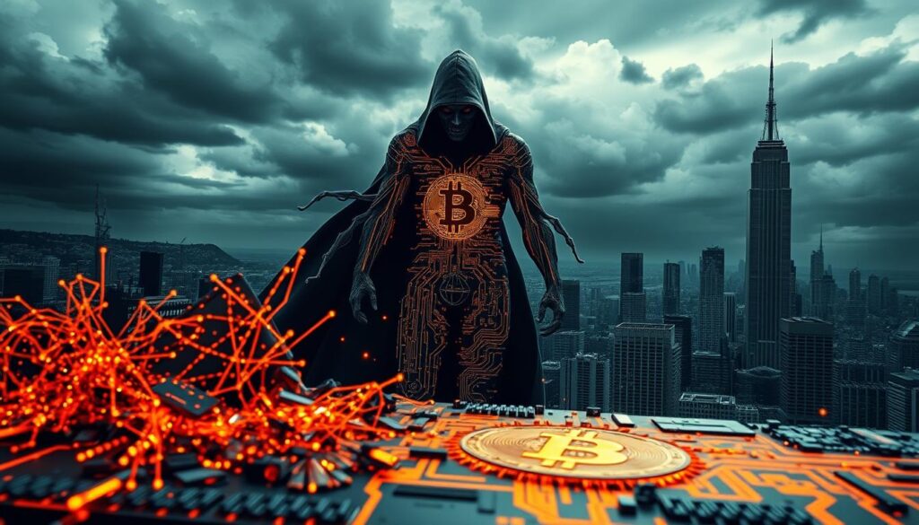 A detailed schematic diagram showcasing the potential security vulnerabilities of the Bitcoin blockchain network. The foreground displays a fragmented and corrupted cryptocurrency ledger, with glitching data and cryptographic keys. The middle ground features a looming, ominous figure representing the threat of quantum computing, its intricate circuitry and algorithms casting an eerie glow. The background depicts a dystopian cityscape, with towering skyscrapers and a turbulent sky, symbolizing the broader implications of these vulnerabilities on the global financial system. The lighting is dramatic, with sharp contrasts and shadows, heightening the sense of unease and urgency. The overall composition conveys the gravity and complexity of the situation, inviting the viewer to contemplate the delicate balance between technological progress and cybersecurity.