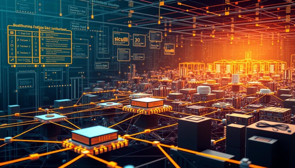 A detailed schematic illustration of blockchain architecture data structures. In the foreground, a network of interconnected blockchain nodes, each containing a distributed ledger. In the middle ground, cryptographic hash functions and consensus algorithms that validate and secure transactions. In the background, a sprawling array of decentralized applications built on top of the blockchain infrastructure, including digital wallets, smart contracts, and tokenized assets. The scene is illuminated by a warm, diffused light, conveying a sense of technological sophistication and innovation. The overall composition emphasizes the complex, layered nature of blockchain technology, designed to provide a secure, transparent, and tamper-resistant platform for a wide range of digital applications. A detailed schematic illustration of blockchain architecture data structures. In the foreground, a network of interconnected blockchain nodes, each containing a distributed ledger. In the middle ground, cryptographic hash functions and consensus algorithms that validate and secure transactions. In the background, a sprawling array of decentralized applications built on top of the blockchain infrastructure, including digital wallets, smart contracts, and tokenized assets. The scene is illuminated by a warm, diffused light, conveying a sense of technological sophistication and innovation. The overall composition emphasizes the complex, layered nature of blockchain technology, designed to provide a secure, transparent, and tamper-resistant platform for a wide range of digital applications.
