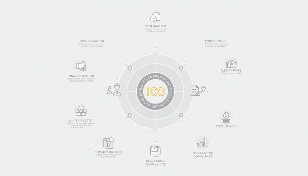 A detailed schematic illustration of the ICO process structuring models, showcasing the intricate flow of stages and key components. Crisp, technical rendering with clean lines and minimal colors, rendered in a sleek, modern style. Prominent in the foreground, a central diagram depicting the core phases - idea generation, token creation, pre-sale, public sale, and post-launch. Surrounding it, supporting illustrations of secondary elements like whitepaper design, community building, and regulatory compliance. All set against a subtle, neutral background that allows the key information to take center stage. Meticulously crafted to provide a clear, informative visual aid for understanding the ICO process. A detailed schematic illustration of the ICO process structuring models, showcasing the intricate flow of stages and key components. Crisp, technical rendering with clean lines and minimal colors, rendered in a sleek, modern style. Prominent in the foreground, a central diagram depicting the core phases - idea generation, token creation, pre-sale, public sale, and post-launch. Surrounding it, supporting illustrations of secondary elements like whitepaper design, community building, and regulatory compliance. All set against a subtle, neutral background that allows the key information to take center stage. Meticulously crafted to provide a clear, informative visual aid for understanding the ICO process.
