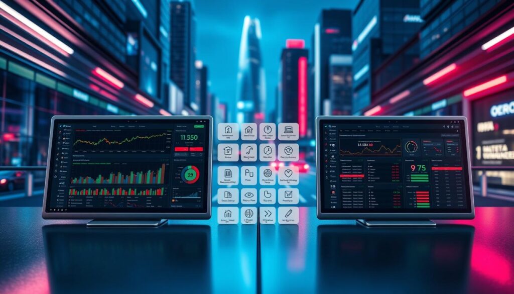A detailed, side-by-side comparison of free and premium trading tools, set against a sleek, futuristic background. In the foreground, a pair of sleek, metallic trading dashboards with colorful charts and analytics, one labeled "Free" and the other "Premium". In the middle ground, a grid of smaller icons and infographics highlighting key features, performance metrics, and pricing details. The background features a dynamic, neon-lit cityscape, hinting at the high-stakes world of financial markets. Dramatic lighting and a cool, minimalist color palette convey a sense of precision, power, and technological sophistication. A detailed, side-by-side comparison of free and premium trading tools, set against a sleek, futuristic background. In the foreground, a pair of sleek, metallic trading dashboards with colorful charts and analytics, one labeled "Free" and the other "Premium". In the middle ground, a grid of smaller icons and infographics highlighting key features, performance metrics, and pricing details. The background features a dynamic, neon-lit cityscape, hinting at the high-stakes world of financial markets. Dramatic lighting and a cool, minimalist color palette convey a sense of precision, power, and technological sophistication.
