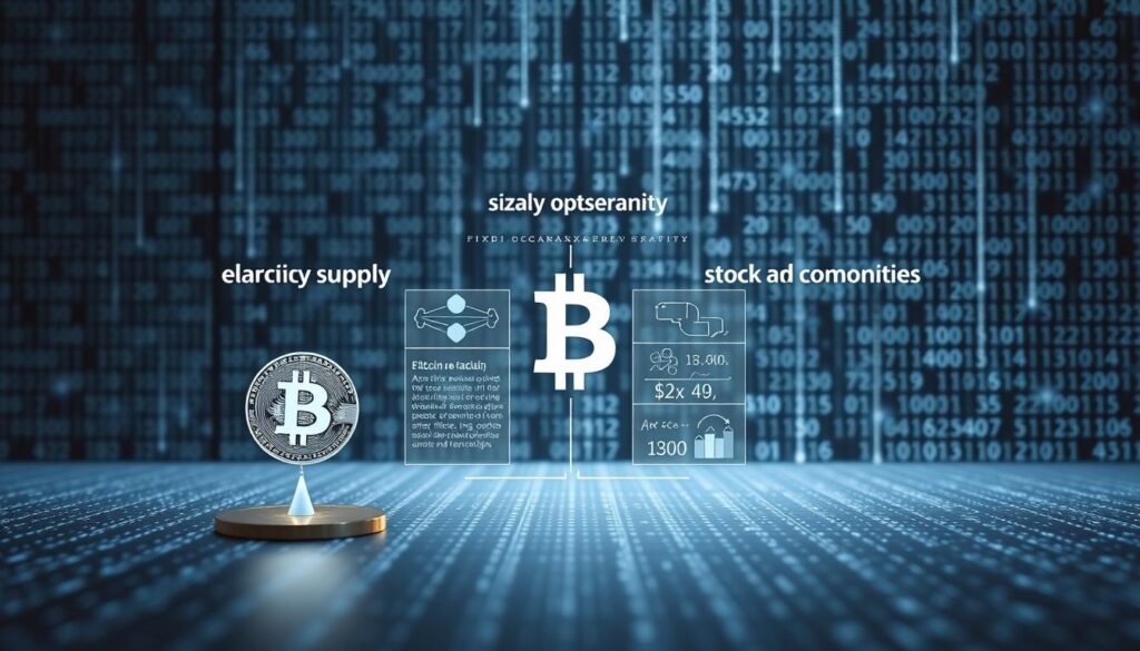 A detailed, side-by-side comparison of the scarcity and supply dynamics of Bitcoin versus traditional financial assets. In the foreground, a sleek, minimalist visualization contrasting the fixed, transparent supply of Bitcoin against the elastic, opaque supply of fiat currencies, stocks, and commodities. The middle ground features clean, infographic-style data visualizations highlighting the key differences. The background showcases an ethereal, matrix-like grid of numbers and algorithms, symbolizing the computational underpinnings of the Bitcoin network. Muted tones of silver, blue, and black convey a sense of technological sophistication and financial authority. Lighting is crisp and evenly distributed, lending an air of objective, data-driven analysis. A detailed, side-by-side comparison of the scarcity and supply dynamics of Bitcoin versus traditional financial assets. In the foreground, a sleek, minimalist visualization contrasting the fixed, transparent supply of Bitcoin against the elastic, opaque supply of fiat currencies, stocks, and commodities. The middle ground features clean, infographic-style data visualizations highlighting the key differences. The background showcases an ethereal, matrix-like grid of numbers and algorithms, symbolizing the computational underpinnings of the Bitcoin network. Muted tones of silver, blue, and black convey a sense of technological sophistication and financial authority. Lighting is crisp and evenly distributed, lending an air of objective, data-driven analysis.