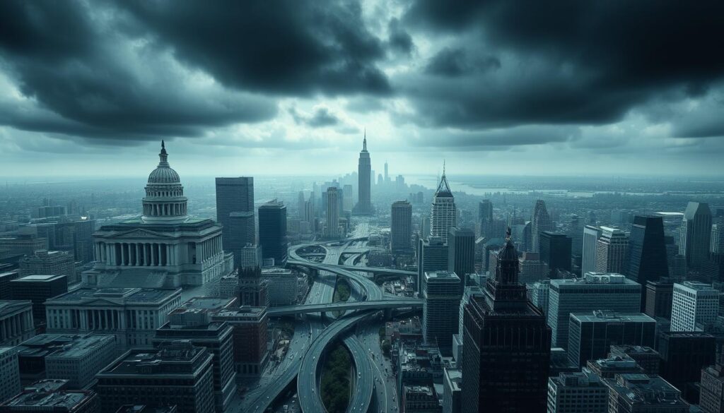 A detailed, sprawling cityscape representing the complex regulatory landscape for US crypto firms. In the foreground, imposing government buildings and regulatory agencies loom, their facades adorned with seals and signage. In the middle ground, a web of interconnected roads and highways symbolize the intricate maze of rules and regulations. In the distance, a skyline of skyscrapers and tech hubs, hinting at the dynamic crypto industry navigating this regulatory environment. The scene is bathed in an ominous, somber lighting, conveying the gravity and weight of the compliance challenges faced by crypto firms operating in the US. A detailed, high-resolution image captured with a wide-angle lens to encompass the full breadth of this regulatory landscape.