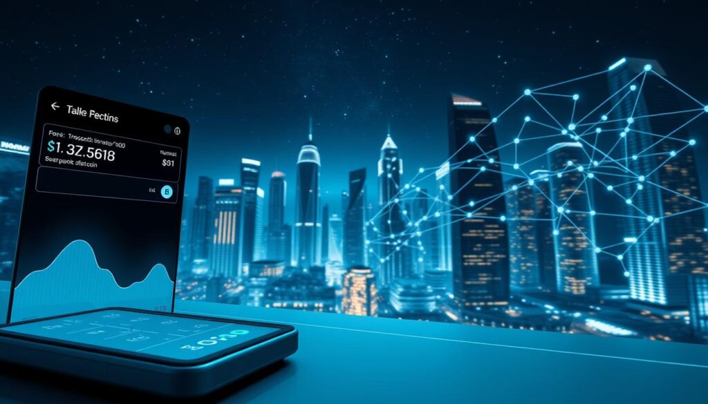 A detailed step-by-step visualization of a stablecoin transaction process. In the foreground, a digital wallet interface with a smooth gradient UI displays a transaction in progress, highlighting the flow of funds. The middle ground showcases a blockchain network visualization, with nodes and interconnected lines pulsing with activity. In the background, a futuristic cityscape with towering skyscrapers and a starry night sky sets the scene, conveying a sense of global connectivity and financial innovation. The lighting is soft and diffused, creating a serene and technologically-advanced atmosphere. Captured with a wide-angle lens to showcase the depth and scale of the scene.