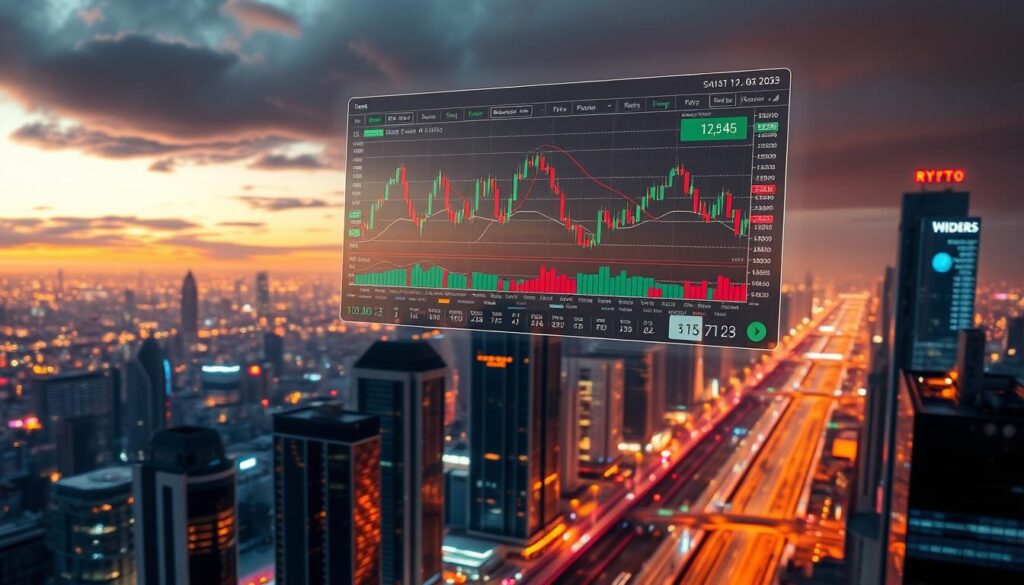 A detailed technical analysis chart with a variety of indicators floating above a futuristic cityscape. The chart showcases real-time stock prices, oscillators, moving averages, and other metrics crucial for informed trading decisions. The scene is illuminated by a warm, ambient glow, creating a sense of technological sophistication. The city in the background features sleek, high-rise buildings and a vibrant, neon-lit skyline, reflecting the dynamic nature of the crypto trading industry. The overall composition conveys a sense of power, precision, and the potential for success in navigating the complex financial landscape.