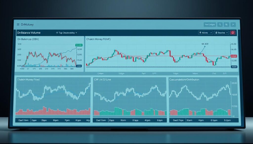 A detailed technical analysis dashboard displaying a variety of volume indicators, including the On-Balance Volume (OBV), Chaikin Money Flow (CMF), and Accumulation/Distribution (A/D) Line. The dashboard is set against a backdrop of a sleek, minimalist interface with clean lines and a muted color palette, conveying a sense of precision and clarity. The indicators are presented in an intuitive and easily readable format, with crisp visualizations that highlight the key insights. Subtle lighting and camera angles lend a sense of depth and professionalism to the scene, making it an informative and visually appealing illustration for the article's "Technical Tools and Indicators for Informed Decisions" section.