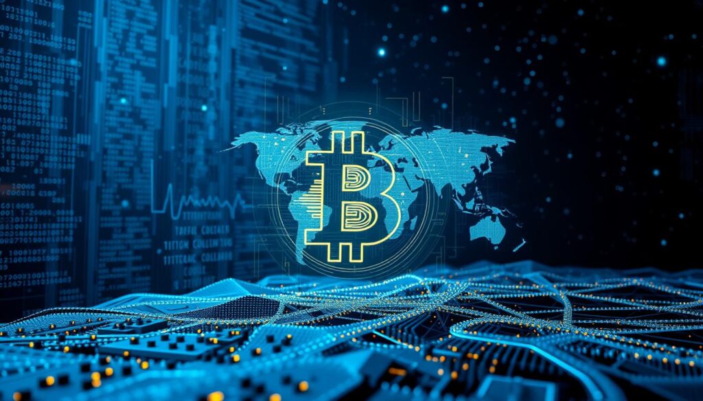 A detailed technical analysis of the Bitcoin source code, depicted against a backdrop of digital matrices and binary data streams. The foreground showcases the intricate algorithms and consensus mechanisms that power the blockchain, with lines of code and data visualizations prominently displayed. The middle ground features a holographic representation of the Bitcoin network, pulsing with real-time transaction activity. In the background, a starry night sky symbolizes the global, decentralized nature of the cryptocurrency. Soft, blue-toned lighting creates a contemplative atmosphere, emphasizing the complex, yet elegantly designed nature of the Bitcoin protocol. A detailed technical analysis of the Bitcoin source code, depicted against a backdrop of digital matrices and binary data streams. The foreground showcases the intricate algorithms and consensus mechanisms that power the blockchain, with lines of code and data visualizations prominently displayed. The middle ground features a holographic representation of the Bitcoin network, pulsing with real-time transaction activity. In the background, a starry night sky symbolizes the global, decentralized nature of the cryptocurrency. Soft, blue-toned lighting creates a contemplative atmosphere, emphasizing the complex, yet elegantly designed nature of the Bitcoin protocol.