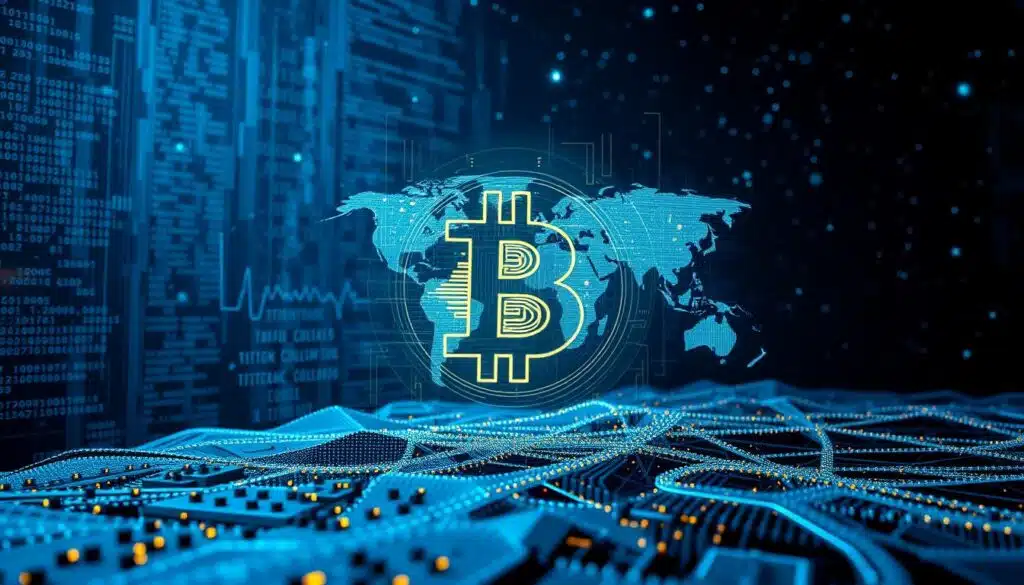 A detailed technical analysis of the Bitcoin source code, depicted against a backdrop of digital matrices and binary data streams. The foreground showcases the intricate algorithms and consensus mechanisms that power the blockchain, with lines of code and data visualizations prominently displayed. The middle ground features a holographic representation of the Bitcoin network, pulsing with real-time transaction activity. In the background, a starry night sky symbolizes the global, decentralized nature of the cryptocurrency. Soft, blue-toned lighting creates a contemplative atmosphere, emphasizing the complex, yet elegantly designed nature of the Bitcoin protocol.