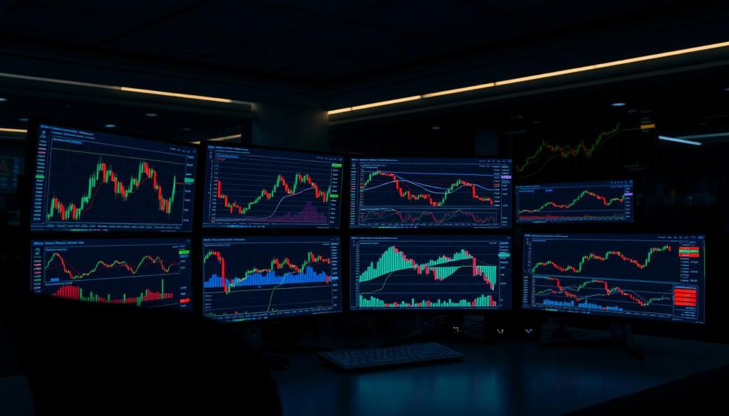 A detailed technical analysis workstation with multiple screens displaying various charting tools and technical indicators. The workstation is situated in a dimly lit, modern office space, with subtle ambient lighting illuminating the setup. The screens show candlestick charts, trend lines, moving averages, and other common technical analysis tools used to identify support and resistance levels, patterns, and market trends. The setup conveys a sense of precision, focus, and the analytical process involved in understanding the crypto market.