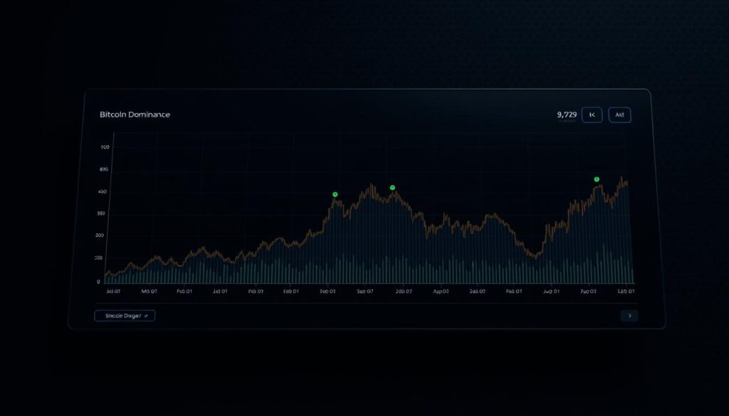 A detailed technical chart analysis of the Bitcoin dominance trend, showcasing the market's ebb and flow. Set against a dark, moody backdrop, the chart is displayed on a sleek, minimalist interface, with clean lines and a sophisticated color palette. The data points, represented by subtle glyphs, tell a story of Bitcoin's influence, rising and falling amidst the dynamic landscape of the crypto market. The composition exudes a sense of analytical precision, inviting the viewer to delve deeper into the metrics and insights that shape the ebb and flow of the digital asset landscape.