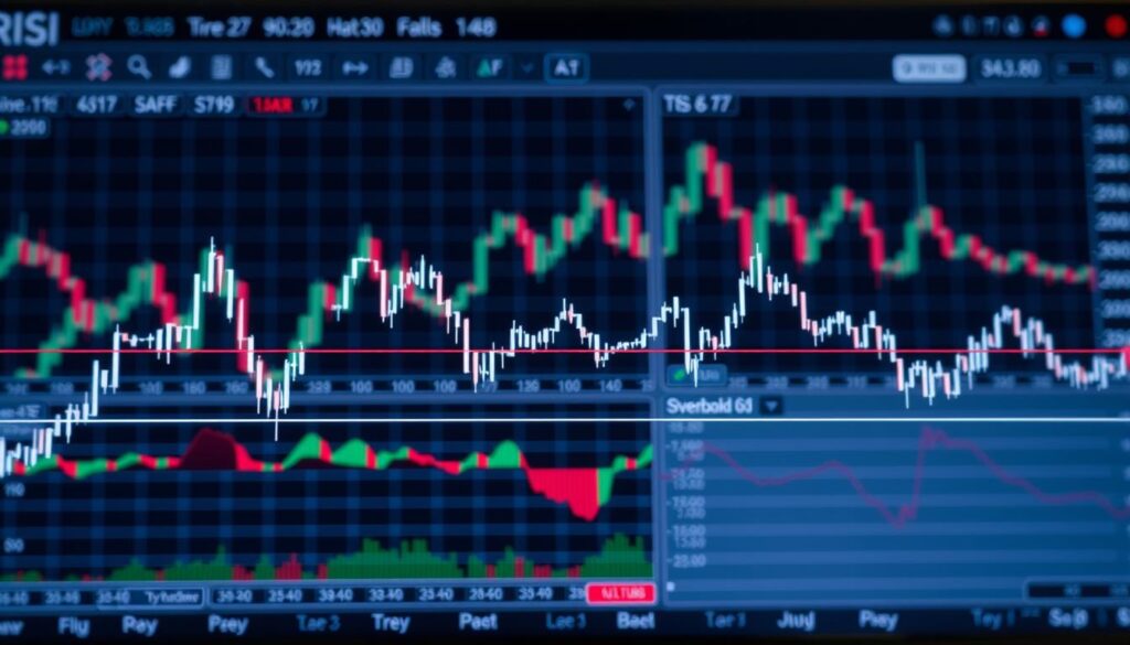 A detailed technical chart depicting the Relative Strength Index (RSI) indicator. In the foreground, a crisp line chart showing the RSI oscillation between 0 and 100, with clear delineation of the overbought (70) and oversold (30) thresholds. The middle ground features a grid of candlestick charts, illustrating how the RSI relates to price action. The background showcases a minimalist but sophisticated user interface, with clean typography and precise layout, creating an atmosphere of analytical focus. The overall scene conveys a sense of data-driven decision-making, crucial for successful day trading of cryptocurrencies. A detailed technical chart depicting the Relative Strength Index (RSI) indicator. In the foreground, a crisp line chart showing the RSI oscillation between 0 and 100, with clear delineation of the overbought (70) and oversold (30) thresholds. The middle ground features a grid of candlestick charts, illustrating how the RSI relates to price action. The background showcases a minimalist but sophisticated user interface, with clean typography and precise layout, creating an atmosphere of analytical focus. The overall scene conveys a sense of data-driven decision-making, crucial for successful day trading of cryptocurrencies.