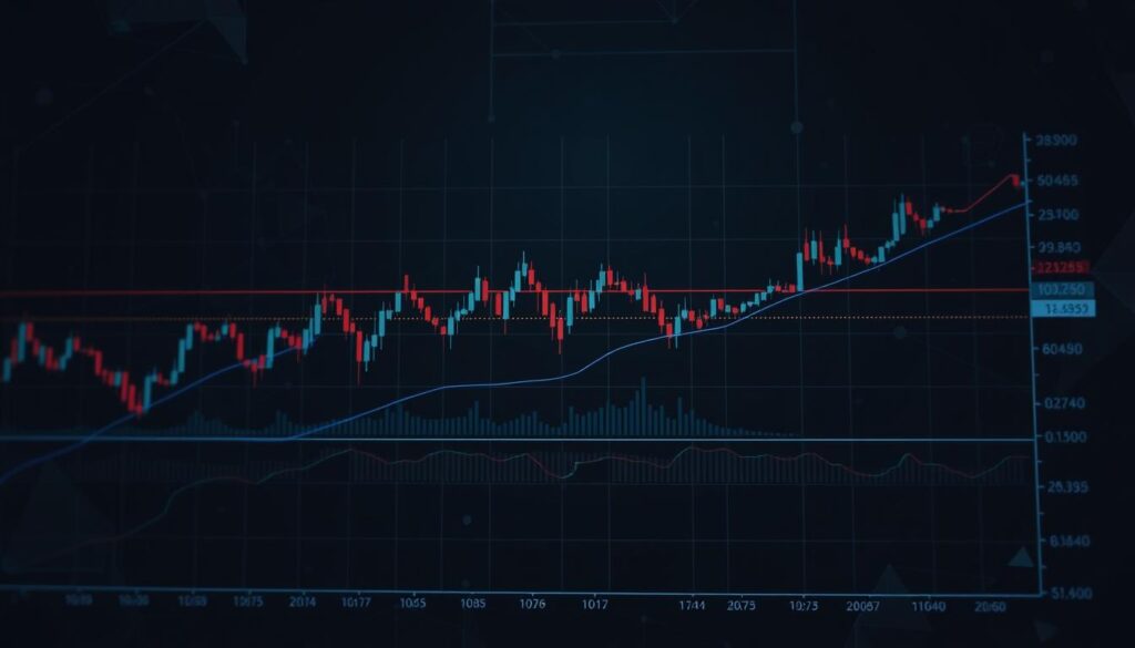 A detailed technical chart displaying an array of cryptocurrency trading indicators, including candlestick patterns, moving averages, oscillators, and volume metrics. The chart is set against a dark, moody backdrop of abstract blockchain-inspired patterns and geometric shapes, creating a high-tech, data-driven atmosphere. The indicators are precisely rendered in a clean, minimalist style, with a focus on clarity and legibility. Subtle lighting and subtle camera angles lend depth and dimensionality to the composition, emphasizing the analytical nature of the subject matter. The overall scene evokes a sense of analytical rigor and data-driven decision making, perfectly suited to illustrate the "Integrating Technical Indicators for Enhanced Prediction" section of the "Machine Learning Crypto Market Correlation: A Deep Dive" article.