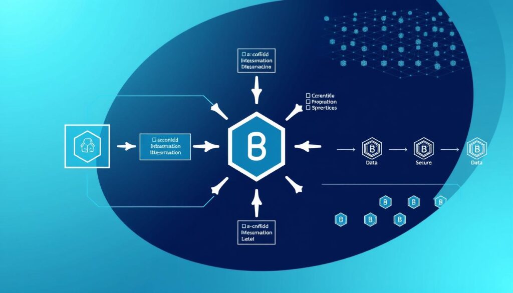 A detailed technical diagram depicting the Blockchain Oracle Data Flow Process. In the foreground, a central blockchain node connected to various data sources via secure oracle interfaces. The middle ground shows the data transformation and validation steps, with arrows indicating the flow of information. In the background, a grid of smaller oracle nodes, each representing a distributed network of trusted data providers. Rendered in a clean, minimal style with a cool, futuristic color palette, conveying the precision and reliability of the blockchain oracle system. A detailed technical diagram depicting the Blockchain Oracle Data Flow Process. In the foreground, a central blockchain node connected to various data sources via secure oracle interfaces. The middle ground shows the data transformation and validation steps, with arrows indicating the flow of information. In the background, a grid of smaller oracle nodes, each representing a distributed network of trusted data providers. Rendered in a clean, minimal style with a cool, futuristic color palette, conveying the precision and reliability of the blockchain oracle system.