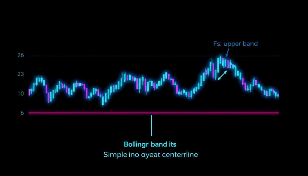 A detailed technical diagram illustrating the three key components of Bollinger Bands: the upper band, the lower band, and the simple moving average centerline. The bands are rendered in a striking cyberpunk color palette, with neon blues, teals, and purples. The diagram is presented in a clean, minimalist style against a dark background, with a sense of depth and dimensionality achieved through the use of subtle shadows and highlights. The overall visual conveys a futuristic, data-driven aesthetic that aligns with the subject matter of advanced cryptocurrency trading strategies.