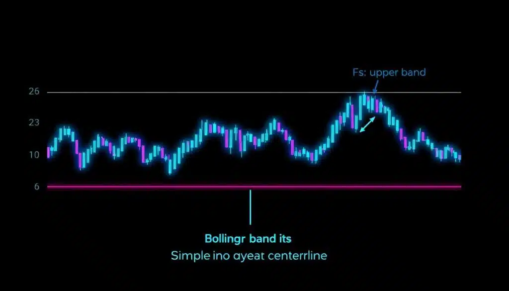 A detailed technical diagram illustrating the three key components of Bollinger Bands: the upper band, the lower band, and the simple moving average centerline. The bands are rendered in a striking cyberpunk color palette, with neon blues, teals, and purples. The diagram is presented in a clean, minimalist style against a dark background, with a sense of depth and dimensionality achieved through the use of subtle shadows and highlights. The overall visual conveys a futuristic, data-driven aesthetic that aligns with the subject matter of advanced cryptocurrency trading strategies. A detailed technical diagram illustrating the three key components of Bollinger Bands: the upper band, the lower band, and the simple moving average centerline. The bands are rendered in a striking cyberpunk color palette, with neon blues, teals, and purples. The diagram is presented in a clean, minimalist style against a dark background, with a sense of depth and dimensionality achieved through the use of subtle shadows and highlights. The overall visual conveys a futuristic, data-driven aesthetic that aligns with the subject matter of advanced cryptocurrency trading strategies.