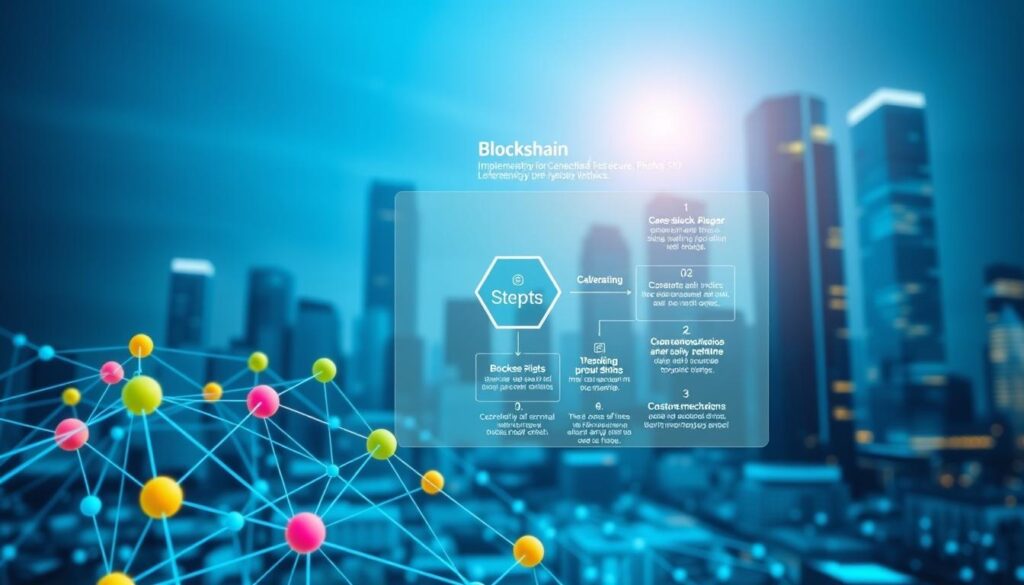 A detailed technical illustration depicting a step-by-step guide to implementing blockchain technology for secure data management. The foreground shows a series of interconnected blockchain nodes, each with a distinct color and geometric shape, symbolizing the decentralized network. The middle ground features a schematic diagram explaining the core blockchain principles - blocks, chains, cryptography, and consensus mechanisms. The background showcases a clean, futuristic cityscape with gleaming skyscrapers, hinting at the real-world applications of this technology. The scene is illuminated by a cool, ambient light, creating a sense of technological sophistication and data integrity.