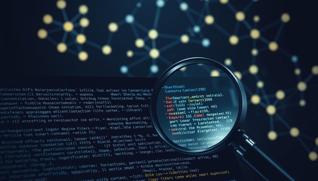 A detailed, technical illustration of blockchain contract vulnerabilities. In the foreground, a complex smart contract code is displayed, with highlighted sections indicating potential security flaws. In the middle ground, a magnifying glass hovers over the contract, emphasizing the need for careful auditing. The background features a blockchain network visualization, with nodes connected by glowing lines, conveying the interconnected nature of the system. The overall scene is rendered in a dark, ominous color palette, with dramatic lighting casting sharp shadows, emphasizing the gravity of the security concerns. The tone is one of introspection and caution, underscoring the importance of thorough smart contract audits to enhance the reliability of blockchain-based applications.
