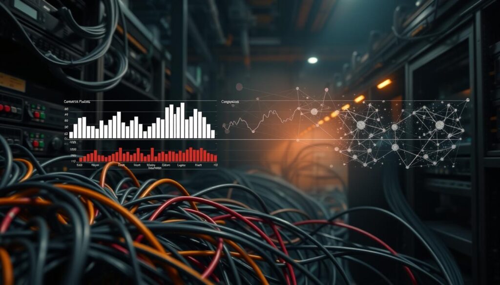 A detailed technical illustration of network congestion factors, captured with a crisp wide-angle lens in a dimly lit industrial setting. In the foreground, a tangle of data cables and networking equipment convey the complexity of modern internet infrastructure. In the middle ground, a series of bar graphs and line charts depict the real-time fluctuations in network traffic, bandwidth utilization, and latency. In the hazy background, an abstract visualization of network nodes and data packets illustrates the dynamic flow of information. The overall scene evokes a sense of the unseen forces that influence the variable gas fees associated with blockchain transactions.