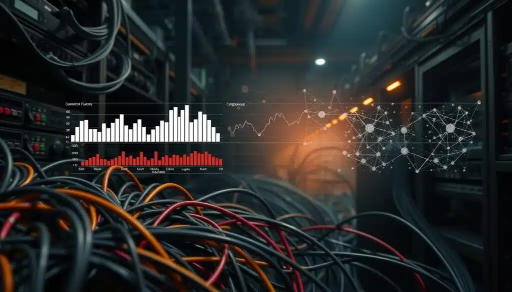 A detailed technical illustration of network congestion factors, captured with a crisp wide-angle lens in a dimly lit industrial setting. In the foreground, a tangle of data cables and networking equipment convey the complexity of modern internet infrastructure. In the middle ground, a series of bar graphs and line charts depict the real-time fluctuations in network traffic, bandwidth utilization, and latency. In the hazy background, an abstract visualization of network nodes and data packets illustrates the dynamic flow of information. The overall scene evokes a sense of the unseen forces that influence the variable gas fees associated with blockchain transactions. A detailed technical illustration of network congestion factors, captured with a crisp wide-angle lens in a dimly lit industrial setting. In the foreground, a tangle of data cables and networking equipment convey the complexity of modern internet infrastructure. In the middle ground, a series of bar graphs and line charts depict the real-time fluctuations in network traffic, bandwidth utilization, and latency. In the hazy background, an abstract visualization of network nodes and data packets illustrates the dynamic flow of information. The overall scene evokes a sense of the unseen forces that influence the variable gas fees associated with blockchain transactions.