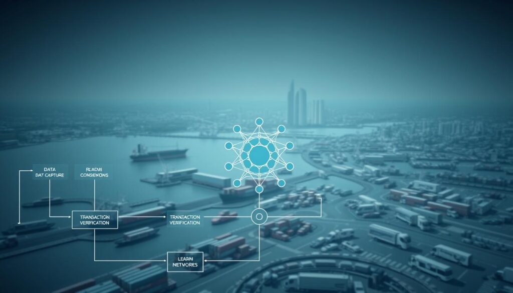 A detailed technical illustration of the blockchain implementation process for logistics shipping tracking. In the foreground, a comprehensive flow diagram depicting the key stages - data capture, consensus, transaction verification, and data storage. In the middle ground, a cluster of connected nodes representing the distributed network infrastructure. In the background, a cityscape with ships, trucks, and warehouses, symbolizing the real-world logistics ecosystem. Rendered in a technical, data-driven style with clean lines, subdued colors, and precise geometric forms to convey a sense of efficiency and reliability. Lighting is soft and diffused, creating depth and emphasizing the interconnected nature of the system.