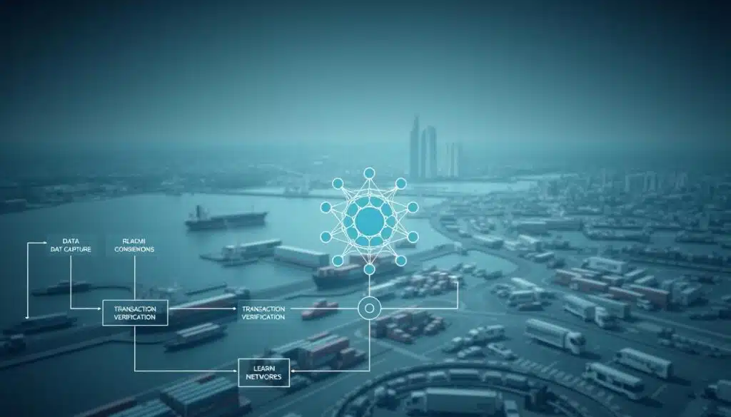 A detailed technical illustration of the blockchain implementation process for logistics shipping tracking. In the foreground, a comprehensive flow diagram depicting the key stages - data capture, consensus, transaction verification, and data storage. In the middle ground, a cluster of connected nodes representing the distributed network infrastructure. In the background, a cityscape with ships, trucks, and warehouses, symbolizing the real-world logistics ecosystem. Rendered in a technical, data-driven style with clean lines, subdued colors, and precise geometric forms to convey a sense of efficiency and reliability. Lighting is soft and diffused, creating depth and emphasizing the interconnected nature of the system.