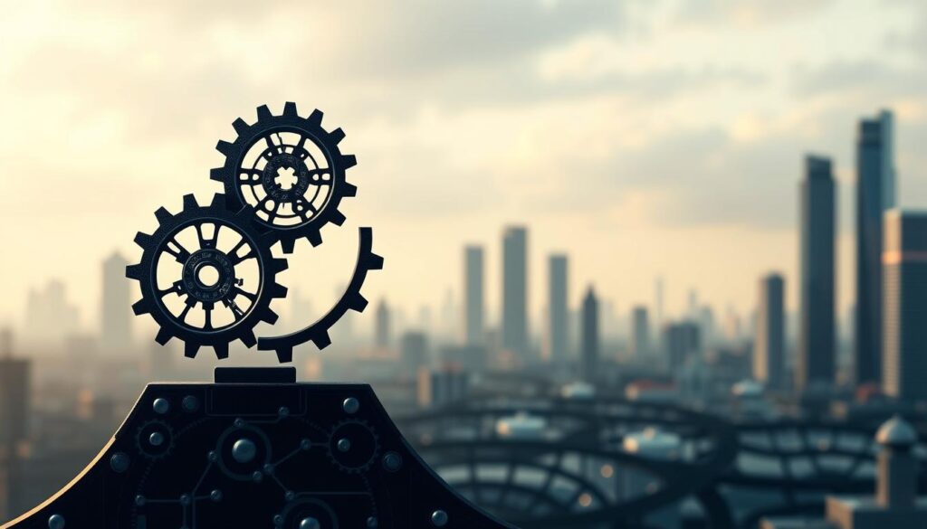 A detailed, technical illustration of the blockchain trilemma, showcasing the delicate balance between decentralization, security, and scalability. The foreground depicts three interconnected gears, each representing one of the trilemma elements, with intricate cogs and mechanisms symbolizing the complex interplay between them. The middle ground features a simplified blockchain network topology, with nodes and connections illustrating the challenges of maintaining the equilibrium. The background is a softly blurred, futuristic cityscape, hinting at the real-world applications and implications of the blockchain trilemma. Subtle lighting and a muted color palette evoke a sense of contemplation and the need for thoughtful solutions.