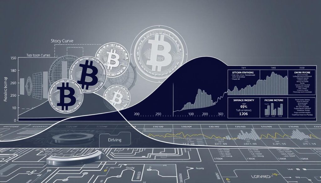 A detailed technical illustration of the core components that drive Bitcoin's stock-to-flow dynamics. In the foreground, a stylized visualization of the Bitcoin supply curve, its halving cycles, and the relationship between its stock and flow. In the middle ground, intricate schematics of the Bitcoin network's mining and transaction processing mechanisms. In the background, a sleek, minimalist grid layout showcasing the key on-chain metrics that influence Bitcoin's scarcity and valuation. Rendered in a high-contrast, monochromatic color palette with subtle metallic accents, conveying a sense of precision, complexity and the profound mathematical principles underlying the Bitcoin protocol. A detailed technical illustration of the core components that drive Bitcoin's stock-to-flow dynamics. In the foreground, a stylized visualization of the Bitcoin supply curve, its halving cycles, and the relationship between its stock and flow. In the middle ground, intricate schematics of the Bitcoin network's mining and transaction processing mechanisms. In the background, a sleek, minimalist grid layout showcasing the key on-chain metrics that influence Bitcoin's scarcity and valuation. Rendered in a high-contrast, monochromatic color palette with subtle metallic accents, conveying a sense of precision, complexity and the profound mathematical principles underlying the Bitcoin protocol.
