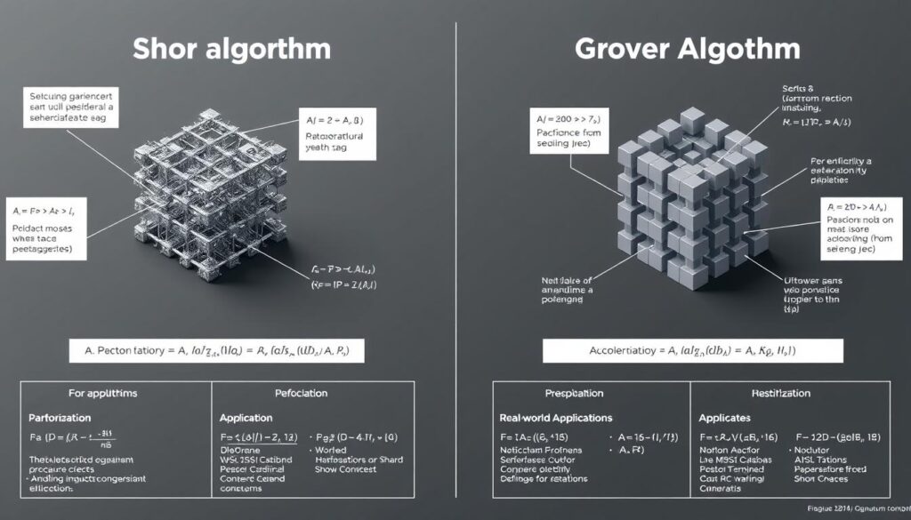 A detailed technical illustration showcasing the Shor algorithm and Grover algorithm side-by-side, with clear labels and explanatory diagrams. The foreground features 3D renderings of the algorithms' core computational steps, with intricate quantum circuit designs and mathematical formulas. The middle ground highlights the performance characteristics and real-world applications of each algorithm, emphasizing their contrasting strengths in areas like factorization and database search. The background sets a subdued, monochromatic tone, drawing the viewer's focus to the central technical comparison. The overall composition conveys a sense of scientific rigor and technological sophistication, reflecting the high-level nature of the quantum computing threat to blockchain security. A detailed technical illustration showcasing the Shor algorithm and Grover algorithm side-by-side, with clear labels and explanatory diagrams. The foreground features 3D renderings of the algorithms' core computational steps, with intricate quantum circuit designs and mathematical formulas. The middle ground highlights the performance characteristics and real-world applications of each algorithm, emphasizing their contrasting strengths in areas like factorization and database search. The background sets a subdued, monochromatic tone, drawing the viewer's focus to the central technical comparison. The overall composition conveys a sense of scientific rigor and technological sophistication, reflecting the high-level nature of the quantum computing threat to blockchain security.