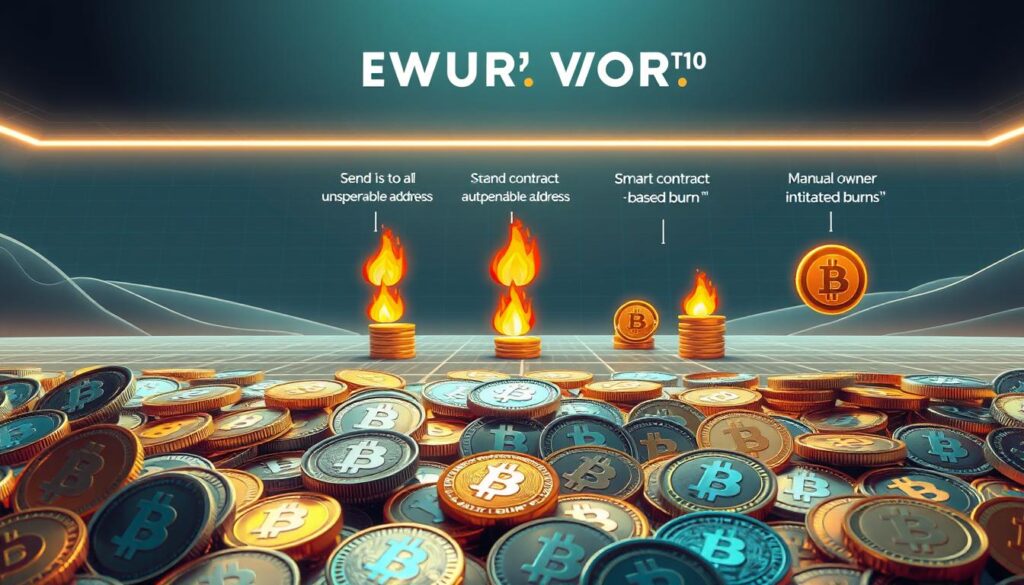 A detailed, technical illustration showcasing various cryptocurrency burn methods. In the foreground, an array of cryptocurrency tokens, each with a unique design and color, are meticulously arranged. In the middle ground, different token burning techniques are depicted, such as sending tokens to a verifiably unspendable address, smart contract-based automated burns, and manual owner-initiated burns. The background features a sleek, minimalist futuristic landscape with a subtle grid pattern, conveying a sense of precision and digital authority. The lighting is crisp and evenly distributed, highlighting the intricate details of the tokens and burn processes. The overall composition has a clean, informative, and authoritative aesthetic, suitable for a technical explainer on the deflationary mechanisms of cryptocurrency.