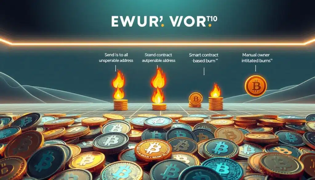 A detailed, technical illustration showcasing various cryptocurrency burn methods. In the foreground, an array of cryptocurrency tokens, each with a unique design and color, are meticulously arranged. In the middle ground, different token burning techniques are depicted, such as sending tokens to a verifiably unspendable address, smart contract-based automated burns, and manual owner-initiated burns. The background features a sleek, minimalist futuristic landscape with a subtle grid pattern, conveying a sense of precision and digital authority. The lighting is crisp and evenly distributed, highlighting the intricate details of the tokens and burn processes. The overall composition has a clean, informative, and authoritative aesthetic, suitable for a technical explainer on the deflationary mechanisms of cryptocurrency.