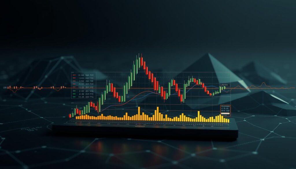 A detailed, technical rendering of the core components that make up the Bitcoin head and shoulders price pattern. In the foreground, a three-dimensional formation of candlestick charts depicting the characteristic shape of the pattern - the left shoulder, the head, and the right shoulder. The charts are rendered with a sleek, metallic finish, illuminated by crisp, directional lighting that casts dramatic shadows. In the middle ground, a complex array of technical indicators and statistical visualizations provide analytical context. In the background, a moody, digital landscape of abstract geometric shapes and patterns, hinting at the underlying mathematical and computational nature of cryptocurrency markets. A detailed, technical rendering of the core components that make up the Bitcoin head and shoulders price pattern. In the foreground, a three-dimensional formation of candlestick charts depicting the characteristic shape of the pattern - the left shoulder, the head, and the right shoulder. The charts are rendered with a sleek, metallic finish, illuminated by crisp, directional lighting that casts dramatic shadows. In the middle ground, a complex array of technical indicators and statistical visualizations provide analytical context. In the background, a moody, digital landscape of abstract geometric shapes and patterns, hinting at the underlying mathematical and computational nature of cryptocurrency markets.