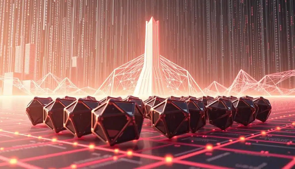 A detailed, three-dimensional digital illustration showcasing the Chainlink Decentralized Oracle Network. In the foreground, a cluster of Chainlink nodes, represented as sleek, metallic geometric shapes, stand resolute against a backdrop of cascading data streams and cryptographic algorithms. The middle ground features a dynamic visualization of the network's decentralized architecture, with nodes interconnected by glowing, translucent pathways. In the distance, a towering, abstract representation of the Chainlink protocol looms, its form evoking a sense of power and reliability. The scene is illuminated by a warm, diffused light, creating a sense of technological elegance and trustworthiness. The overall composition conveys the secure, decentralized, and scalable nature of the Chainlink Decentralized Oracle Network.