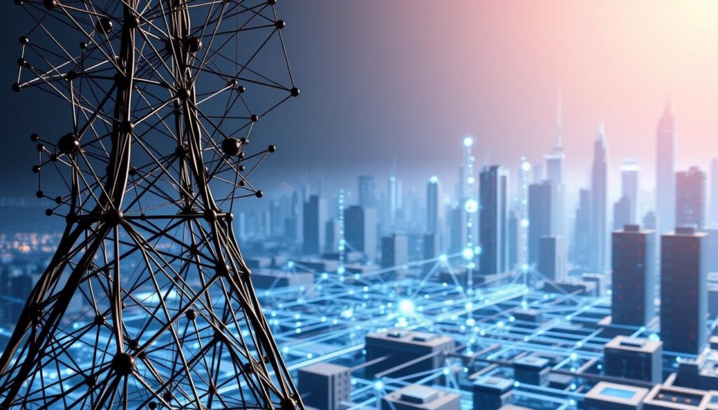 A detailed three-dimensional scene depicting the core components of Merkle trees and blockchain cryptography. In the foreground, a towering Merkle tree structure with interconnected nodes and hash links, casting complex shadows. In the middle ground, a transparent wireframe blockchain network, nodes pulsing with encrypted data flows. In the background, a futuristic cityscape with server towers and data centers, bathed in a soft, cyberpunk-inspired lighting. The scene conveys the technical elegance and mathematical complexity of these crucial blockchain technologies.