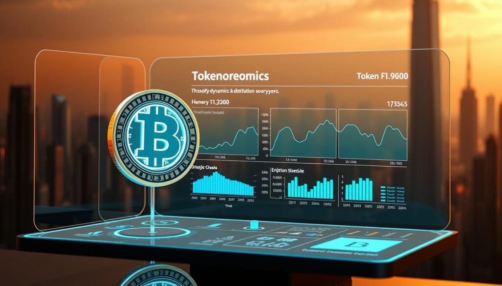 A detailed tokenomics analysis of a cryptocurrency project, presented on a sleek, holographic display. In the foreground, a 3D model of the project's token rotates, its structure and tokenomics metrics displayed in a clean, data-driven interface. In the middle ground, a series of graphs and charts illustrate the token's supply dynamics, distribution, and emission schedule, providing deep insights into the project's investment potential. The background features a futuristic cityscape, its skyscrapers and holograms hinting at the technological advancements powering the cryptocurrency ecosystem. Warm, muted lighting casts a contemplative mood, inviting the viewer to carefully evaluate the project's tokenomics and investment viability.