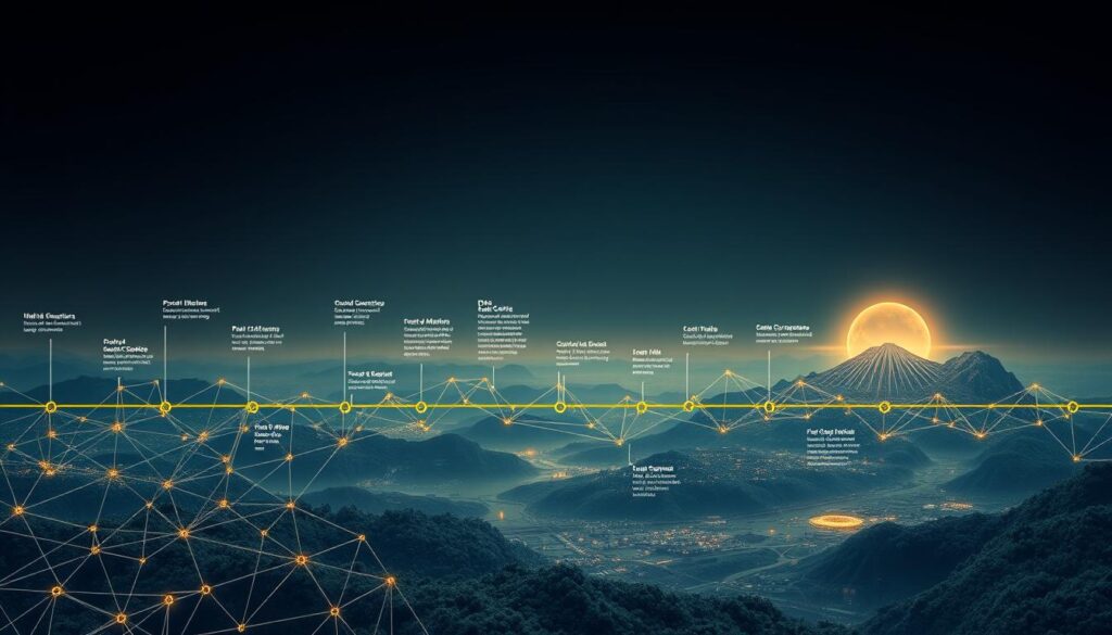 A detailed visual timeline depicting the evolution of decentralized autonomous organizations (DAOs). In the foreground, a series of interconnected nodes and links represent the emergence and growth of various DAO structures over time. The middle ground showcases key milestones, innovations, and influential DAO projects against a backdrop of a futuristic, techno-organic landscape. In the distance, a glowing horizon symbolizes the transformative impact of DAOs on modern governance and the decentralization of decision-making. The overall scene is illuminated by a warm, soft lighting that conveys a sense of progress, collaboration, and the dawn of a new era in organizational dynamics.