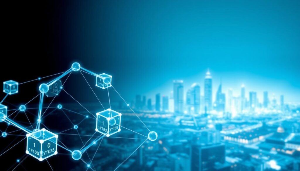 A detailed visualization of blockchain technology, showcasing its core components and functionality. In the foreground, a transparent blockchain network structure with interlocking blocks and cryptographic hashes, conveying the secure and distributed nature of the system. In the middle ground, a futuristic city skyline with skyscrapers and infrastructure, representing the real-world applications of blockchain technology. In the background, a serene, blue-hued landscape with subtle lighting, creating a sense of harmony and technological progress. The overall composition should evoke a deep understanding of blockchain's role in secure and transparent digital transactions. A detailed visualization of blockchain technology, showcasing its core components and functionality. In the foreground, a transparent blockchain network structure with interlocking blocks and cryptographic hashes, conveying the secure and distributed nature of the system. In the middle ground, a futuristic city skyline with skyscrapers and infrastructure, representing the real-world applications of blockchain technology. In the background, a serene, blue-hued landscape with subtle lighting, creating a sense of harmony and technological progress. The overall composition should evoke a deep understanding of blockchain's role in secure and transparent digital transactions.