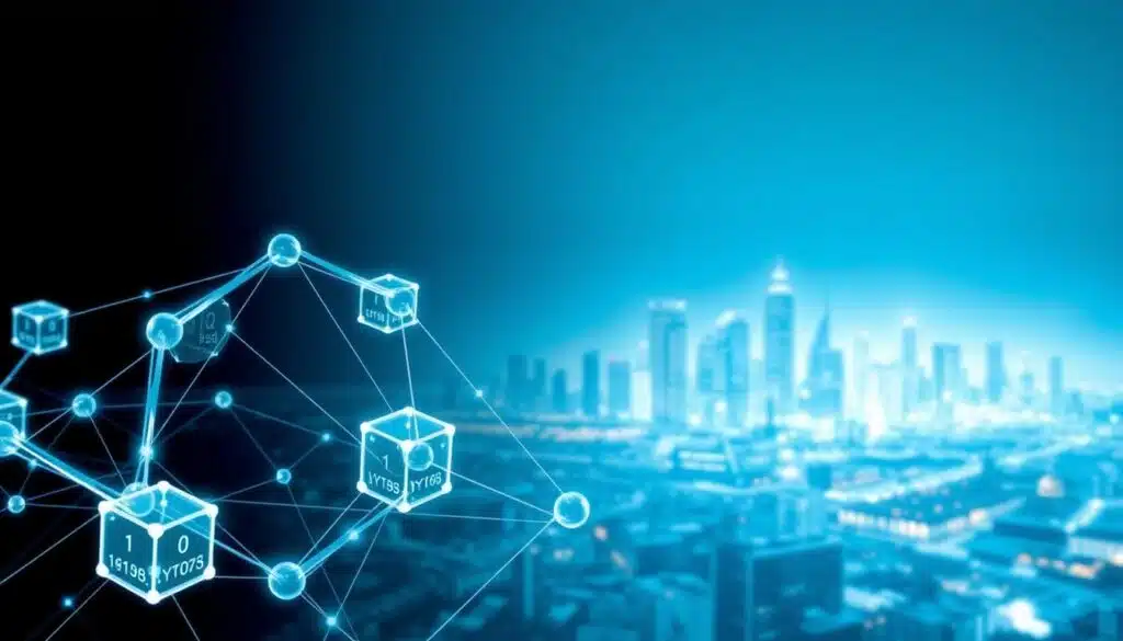 A detailed visualization of blockchain technology, showcasing its core components and functionality. In the foreground, a transparent blockchain network structure with interlocking blocks and cryptographic hashes, conveying the secure and distributed nature of the system. In the middle ground, a futuristic city skyline with skyscrapers and infrastructure, representing the real-world applications of blockchain technology. In the background, a serene, blue-hued landscape with subtle lighting, creating a sense of harmony and technological progress. The overall composition should evoke a deep understanding of blockchain's role in secure and transparent digital transactions.
