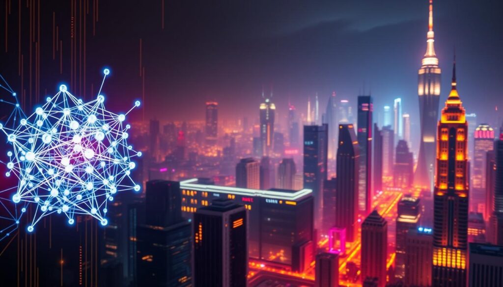 A detailed visualization of core predictive analytics techniques for crypto markets. In the foreground, a complex algorithm visualized as a 3D graph with interconnected nodes, pulsing with energy. In the middle ground, a glowing heatmap displays real-time market data patterns. In the background, a futuristic cityscape of skyscrapers and towers representing the global crypto ecosystem, bathed in a neon-tinged, cyberpunk-inspired lighting. The overall atmosphere is one of technological sophistication, data-driven insights, and the dynamic nature of the crypto landscape.