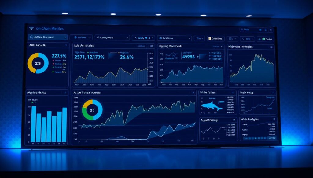 A detailed visualization of key on-chain metrics that reveal the activity patterns of cryptocurrency whales. A sleek, minimalist dashboard showcases real-time charts and graphs, depicting metrics such as large transaction volumes, high-value wallet movements, and whale accumulation or distribution trends. The dashboard is illuminated by a cool, blue-tinted lighting, creating a professional, data-driven atmosphere. The layout is clean and uncluttered, allowing the insightful metrics to take center stage. The overall scene conveys a sense of analytical depth and market intelligence, crucial for understanding the influential role of whales in cryptocurrency markets. A detailed visualization of key on-chain metrics that reveal the activity patterns of cryptocurrency whales. A sleek, minimalist dashboard showcases real-time charts and graphs, depicting metrics such as large transaction volumes, high-value wallet movements, and whale accumulation or distribution trends. The dashboard is illuminated by a cool, blue-tinted lighting, creating a professional, data-driven atmosphere. The layout is clean and uncluttered, allowing the insightful metrics to take center stage. The overall scene conveys a sense of analytical depth and market intelligence, crucial for understanding the influential role of whales in cryptocurrency markets.