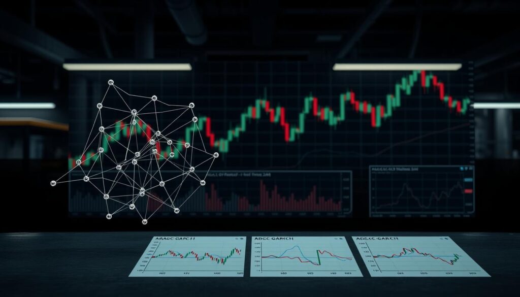 A detailed visualization of the ADCC-GARCH model analysis, set against a backdrop of a dynamic financial chart depicting cryptocurrency market trends. The foreground features a sophisticated statistical model, represented by interconnected geometric shapes and lines, conveying the complex interactions between asset returns and conditional volatility. The middle ground showcases relevant data visualizations, such as time-series plots and scatter diagrams, illuminating the model's performance and insights. The background is a dimly lit, industrial-style setting, evoking a sense of analytical rigor and technical prowess. Subtle lighting and a muted color palette create a contemplative atmosphere, inviting the viewer to delve into the intricacies of this advanced financial modeling technique.