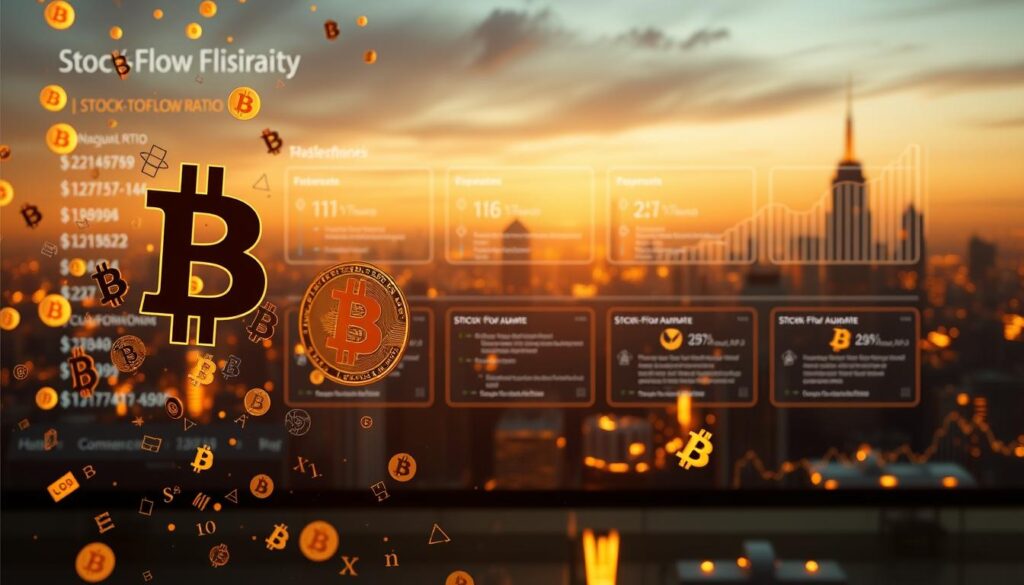A detailed visualization of the fundamental principles underpinning the Stock-to-Flow ratio model. In the foreground, a mesmerizing array of Bitcoin symbols and mathematical symbols float against a backdrop of a sleek, minimalist data visualization dashboard. In the middle ground, a series of infographic panels illustrate the key variables and calculations that comprise the Stock-to-Flow ratio. The background features a softly glowing, futuristic cityscape, hinting at the profound real-world implications of this groundbreaking economic model. The entire scene is bathed in a warm, golden light, conveying a sense of depth, sophistication, and the profound importance of understanding this crucial Bitcoin metric. A detailed visualization of the fundamental principles underpinning the Stock-to-Flow ratio model. In the foreground, a mesmerizing array of Bitcoin symbols and mathematical symbols float against a backdrop of a sleek, minimalist data visualization dashboard. In the middle ground, a series of infographic panels illustrate the key variables and calculations that comprise the Stock-to-Flow ratio. The background features a softly glowing, futuristic cityscape, hinting at the profound real-world implications of this groundbreaking economic model. The entire scene is bathed in a warm, golden light, conveying a sense of depth, sophistication, and the profound importance of understanding this crucial Bitcoin metric.